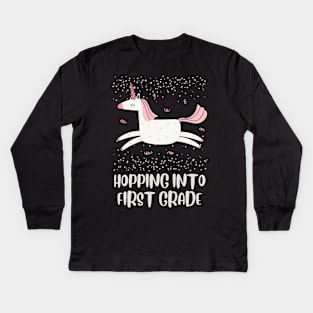 Back to School Pink Unicorn Design, Hopping into First Grade, First Day of School Shirt, School Girls Gift T-Shirt Unicorn Kids Long Sleeve T-Shirt